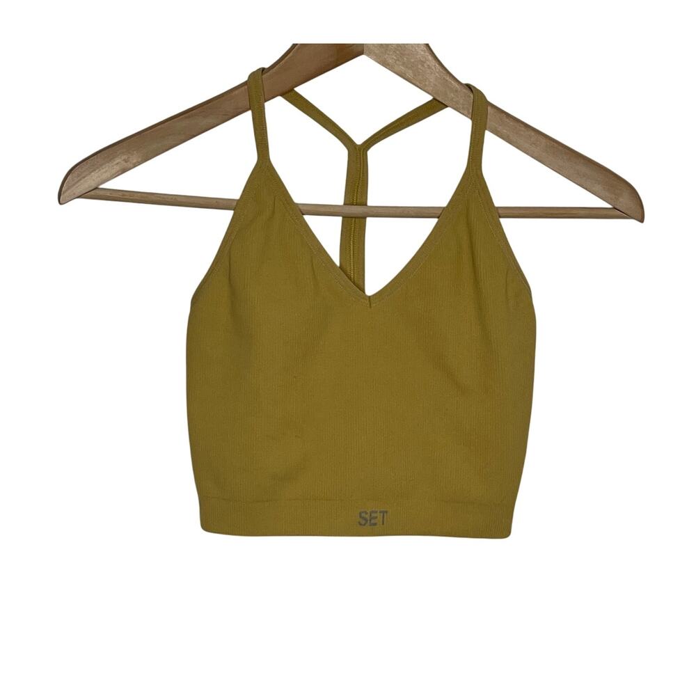 Set Active Womens Tank Top Bra Medium Mustard Yellow Ribbed V Neck Razor Back